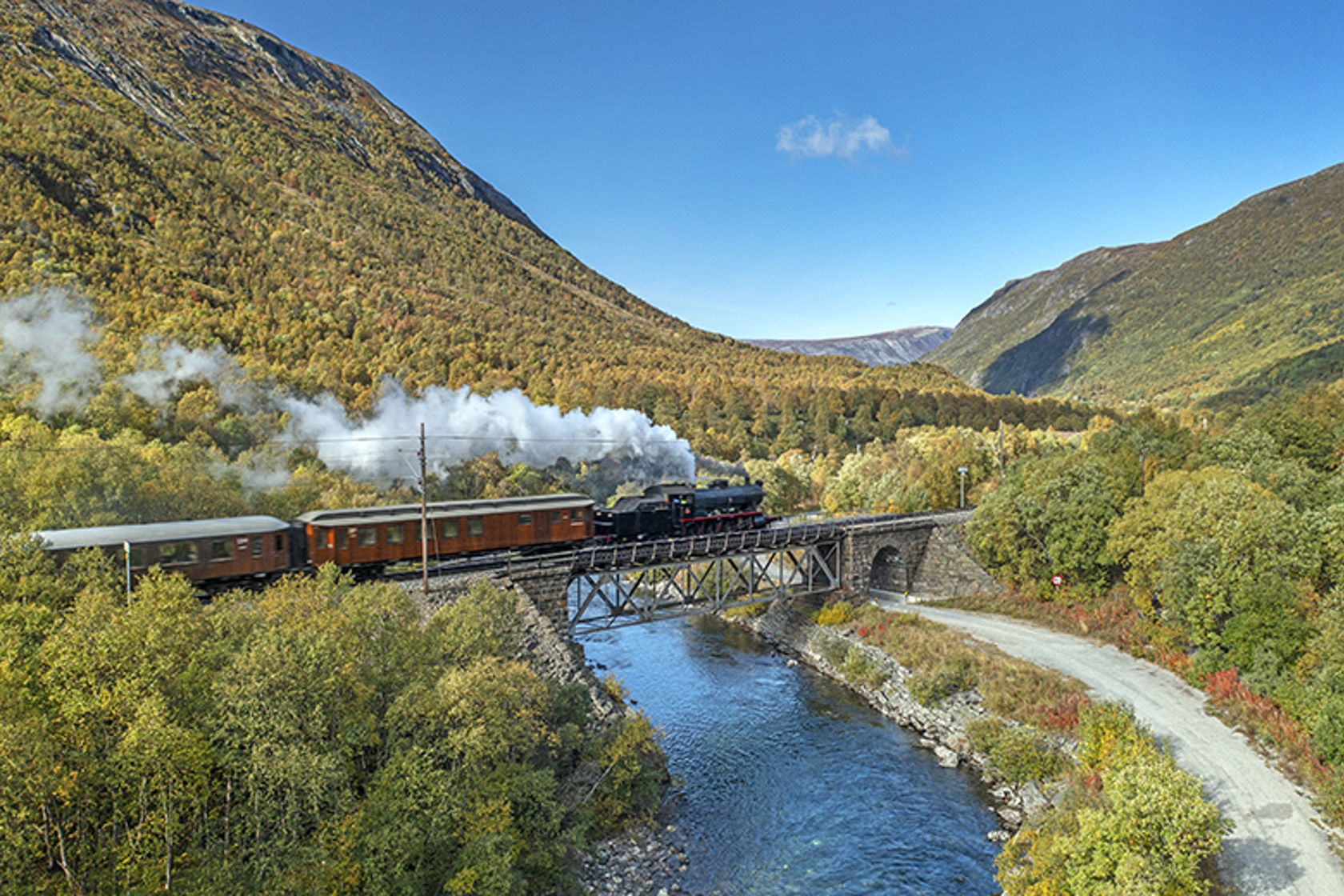 Et gammelt damptog på vei over en bru i et vakkert terreng med elv, åssider og skog.