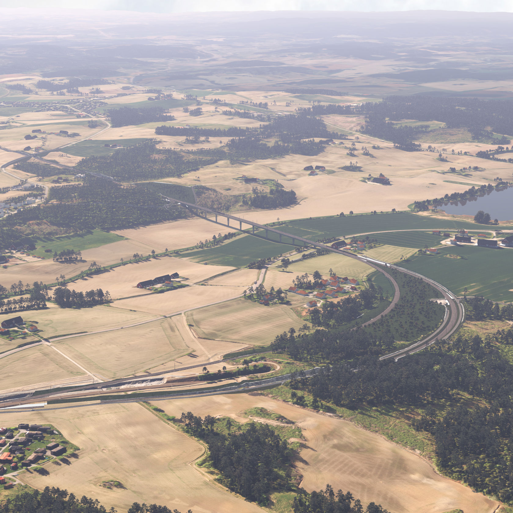 Illustrasjonen viser en jernbanelinje i et landskap bestående av jordbruk og noe skog.