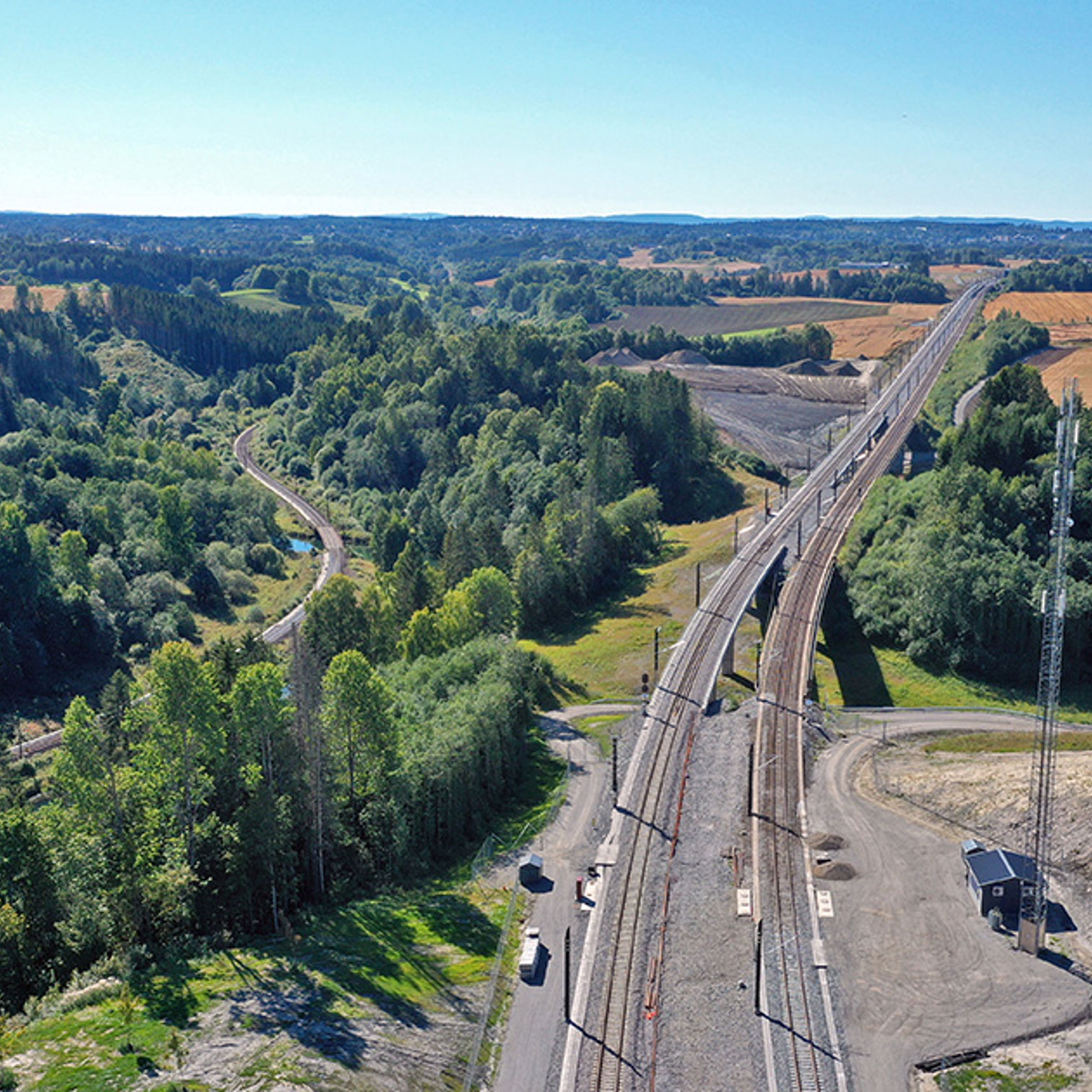 Dronefoto av dobbeltsporet med Ålborgveien bruer og rettstrekningen sørover mot Venjar.