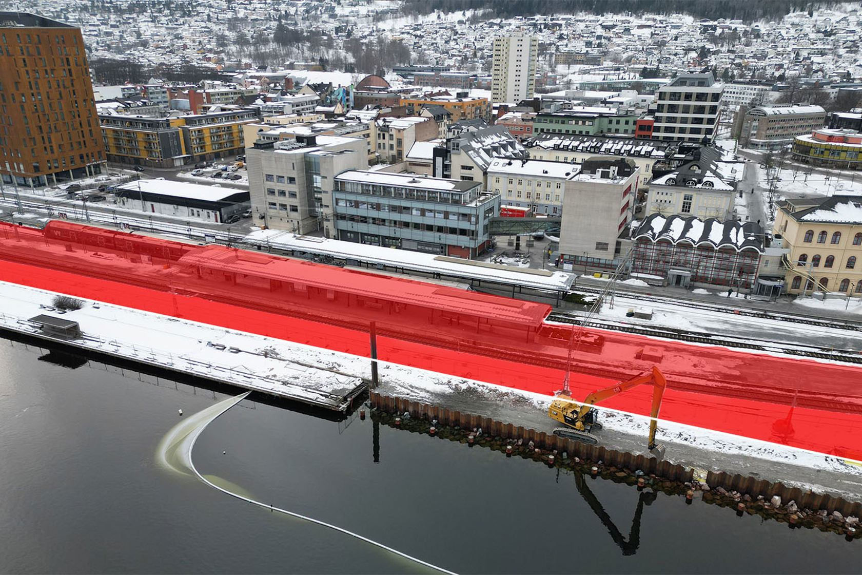 Flyfoto med farget felt som viser arbeidsområdet