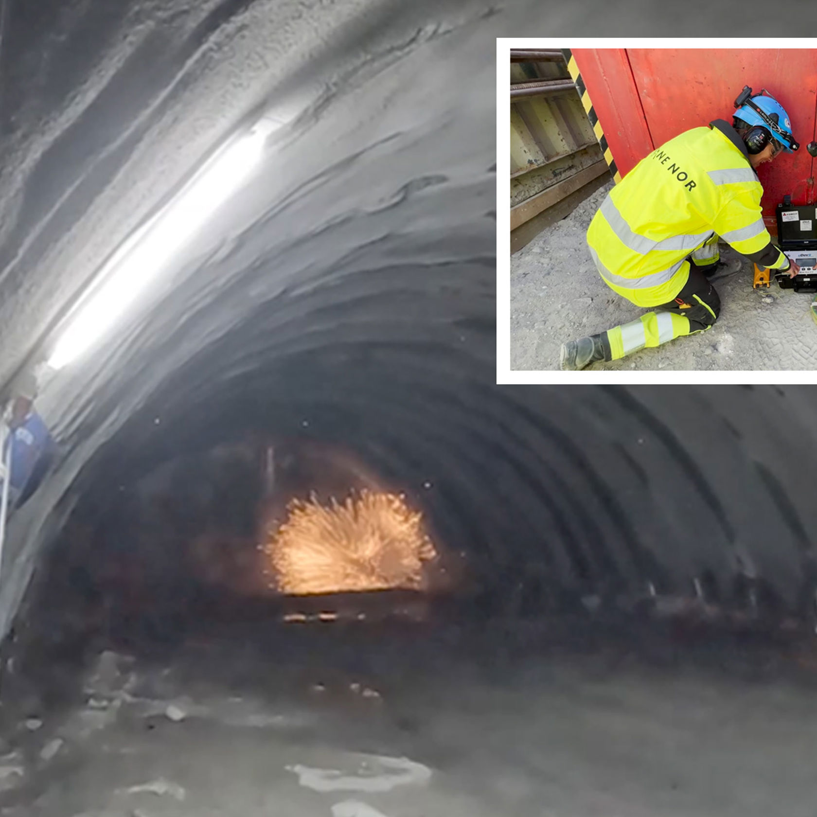 Gnister fra sprengning inne i tunnel. Innfelt foto av to personer i vernetøy.