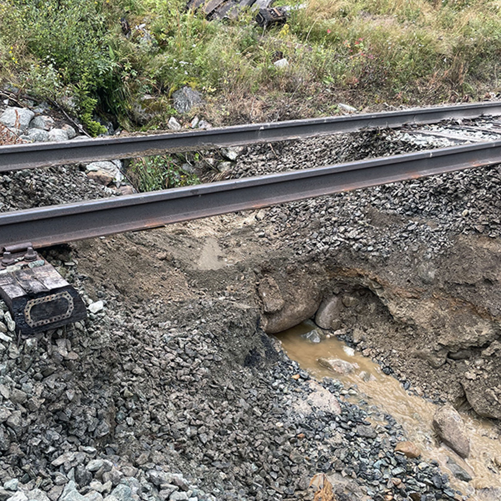 Bilde av skinnegang der bakken under har blitt skylt vekk av vann.